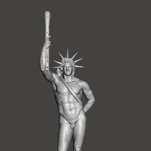 May include: A gray 3D-rendered statue of a nude male figure holding a torch aloft. The figure stands on a white rectangular base against a gray background. The statue has a crown of spikes.