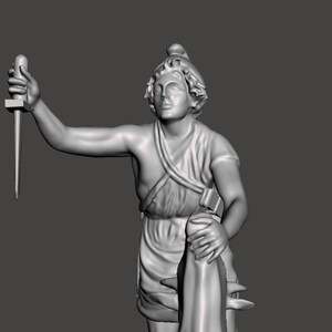 May include: A grey statue of a figure holding a dagger over a marine animal. The figure wears classical clothing, including a draped garment and a hairstyle from antiquity. The animal resembles a seal or a similar marine species, with a detailed depiction.