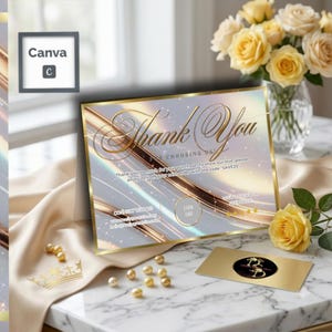 Op de afbeelding: Een rechthoekige bedankkaart met een gouden rand, voorzien van de tekst Thank You For Choosing Us, een 20% kortingscode SAVE20 en contactgegevens. De kaart heeft een lichte, iriserende achtergrond met gouden diagonale lijnen en glitters.