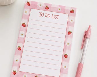 Strawberry To Do List Notepad | Pink Gingham Desk Pad | 4x6 Memo Pad (21 Sheets)