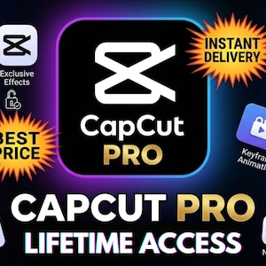 Puede incluir: Un gráfico digital para CapCut Pro con el logotipo en blanco sobre un fondo negro con iluminación de neón azul y morada. El texto incluye CapCut PRO, LIFETIME ACCESS, INSTANT DELIVERY, BEST PRICE, Exclusive Effects y Keyframe Animation.