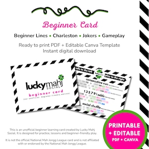 May include: A digital Mah Jongg beginner card set featuring the text LEARN TO MAHJ and luckymahj social. The cards include sections for consecutive runs, odds, and social shuffle, with black and white striped borders and a bright pink circle graphic.