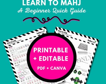 May include: A digital guide titled LEARN TO MAHJ A Beginner Quick Guide with two white pages featuring black and white striped borders. A large hot pink circle in the center displays the white text PRINTABLE + EDITABLE PDF + CANVA.