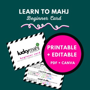 Könnte beinhalten: Ein Set aus Mahjong-Anfängerkarten mit weißen Karten und schwarz-weiß gestreiften Rändern. Der Text lautet LEARN TO MAHJ Beginner Card, lucky mahj social, sowie ein leuchtend rosa Kreis mit PRINTABLE + EDITABLE PDF + CANVA.