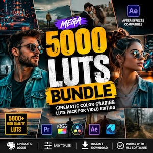 May include: A promotional graphic for a video editing LUTs bundle. The image features a man and woman, both wearing sunglasses, with the text "MEGA 5000 LUTS BUNDLE" in large yellow letters. Additional text includes "Cinematic Color Grading" and software compatibility logos.