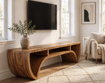 Mueble para TV de madera maciza, consola multimedia moderna y curvada, mueble de entretenimiento de madera hecho a mano, mueble para TV minimalista y orgánico, muebles para sala de estar.