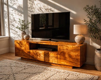 Mueble de TV moderno de madera maciza, consola multimedia de madera natural, centro de entretenimiento minimalista, mueble de TV de estilo escandinavo