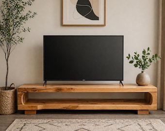 Modern Solid Wood TV Stand, Minimalist Low Profile Media Console, Scandinavian Entertainment Center, Rustic Oak TV Cabinet