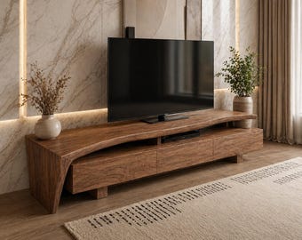 Mueble de TV de lujo curvado en madera maciza, consola multimedia escultural moderna, centro de entretenimiento minimalista escandinavo, mueble de TV de diseño