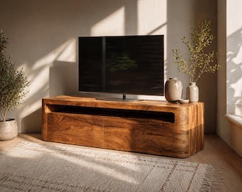 Mueble de TV moderno de madera maciza, consola multimedia de borde curvo, centro de entretenimiento minimalista escandinavo, mueble de TV de madera de lujo