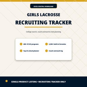 Op de afbeelding: Digitale download voor een Girls Lacrosse Recruiting Tracker. De afbeelding bevat de tekst "Excel Digital Download", "Girls Lacrosse Recruiting Tracker" en "College search, coach outreach & visit planning". Inclusief 400+ D1-D3 programma's en 2.200+ ingebouwde formules.