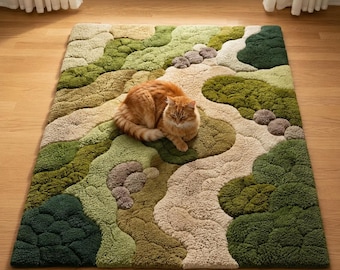 Luxury Moss Rug, Handmade Tufted Area Rug, Forest Landscape Carpet, Green Organic Rug, Textured Nature Rug, Modern Botanical Floor Decor