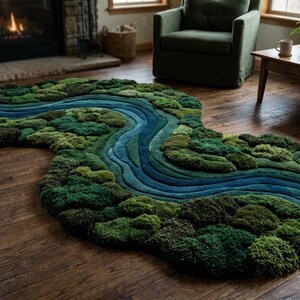 Op de afbeelding: Een uniek tapijt in de vorm van een rivier die door een bos stroomt. Het tapijt heeft verschillende tinten groen en blauw, waardoor een gestructureerd, driedimensionaal effect ontstaat. Het tapijt ligt op een houten vloer. Afmetingen in cm.