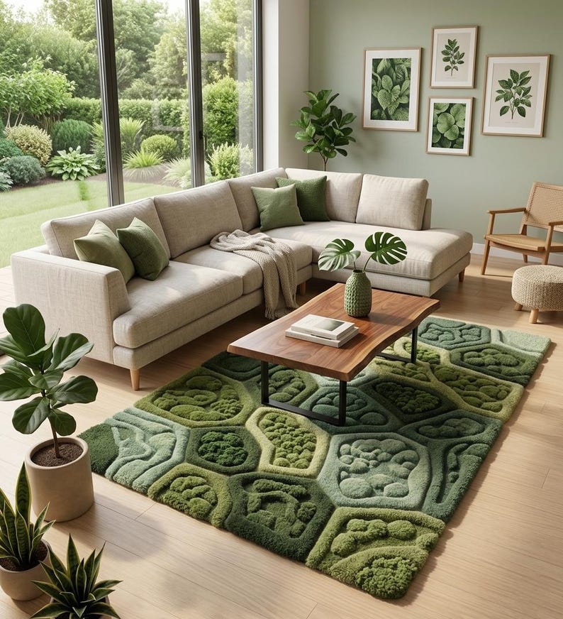 Handmade Green Moss Rug | Textured 3D Forest Floor Tufted Rug | Deep ...