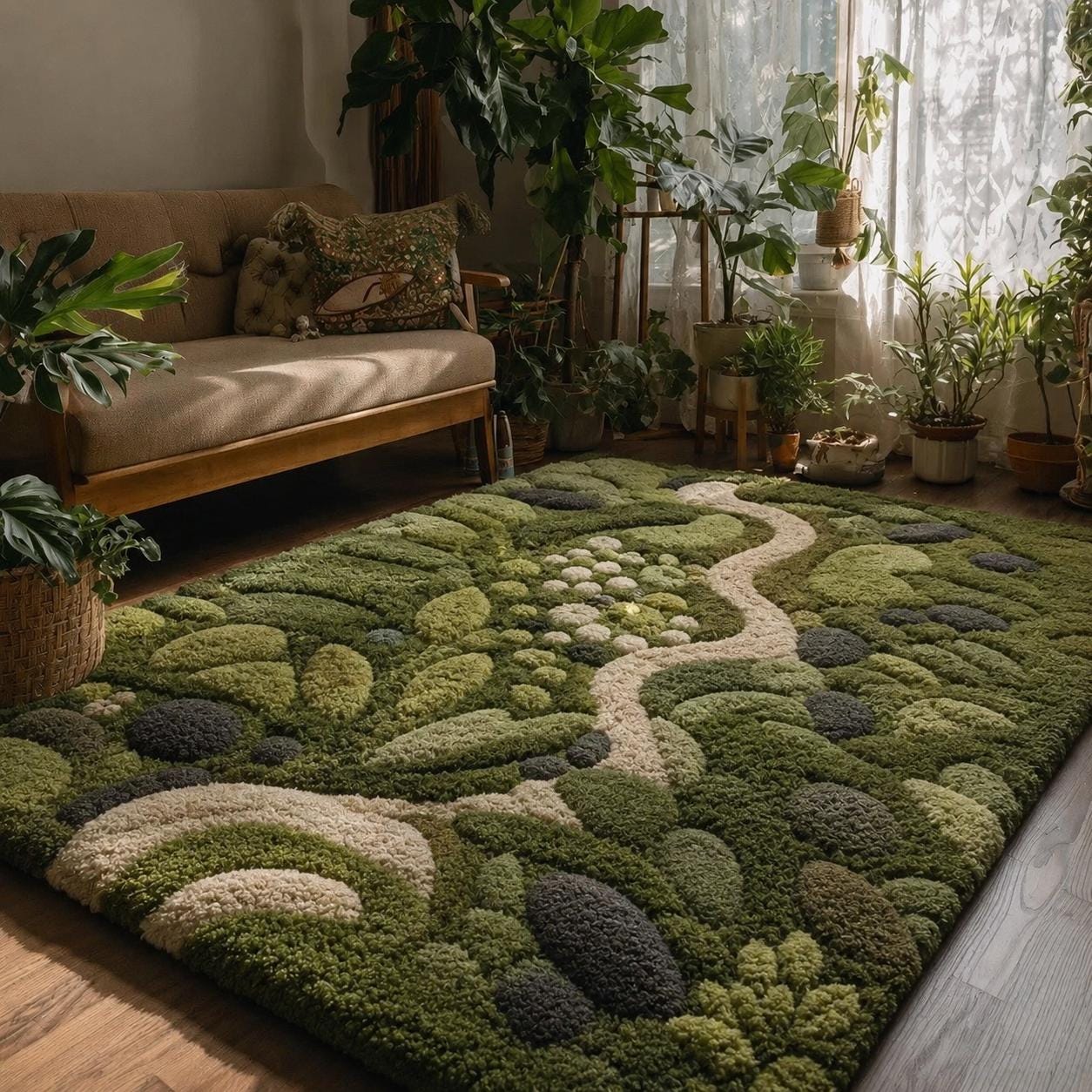 3D Moss Rug - Hand Tufted Biophilic Area Rug - Forest Floor & Pebble ...
