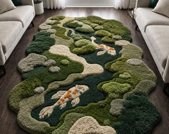 Luxury Koi Pond Moss Rug, Handmade Tufted Moss Area Rug, Nature Inspired Organic Carpet, Japanese Zen Moss Rug