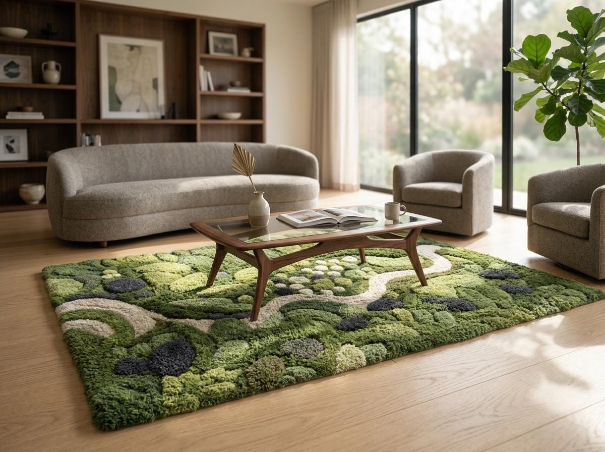 3D Moss Rug - Hand Tufted Biophilic Area Rug - Forest Floor & Pebble ...