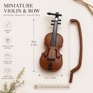 Könnte beinhalten: Eine Miniatur-Geige in Braun mit schwarzem Hals, Griffbrett und Saitenhalter, begleitet von einem passenden braunen Bogen. Die Geige misst 8 cm mal 3 cm. Der Text auf dem Bild lautet Miniature Violin & Bow, Detailed, Realistic, Collectible.