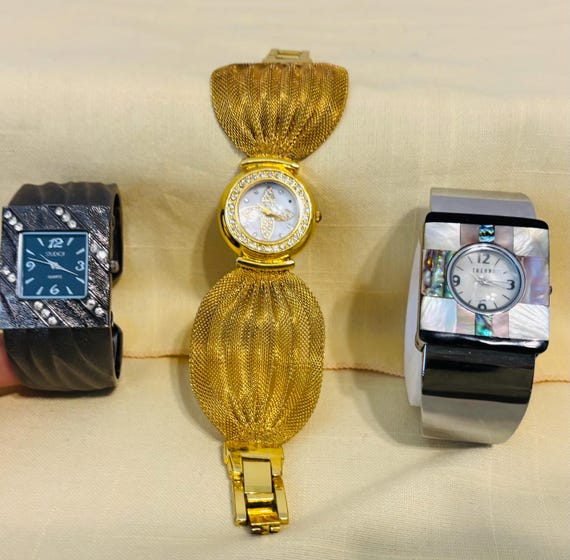 VTG Fashion 2 Cuff Studio Time Bangles & 1 Mesh Karis Ribbon Watches Tested Work View 2