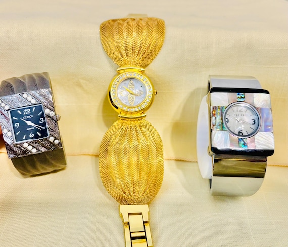 VTG Fashion 2 Cuff Studio Time Bangles & 1 Mesh Karis Ribbon Watches Tested Work