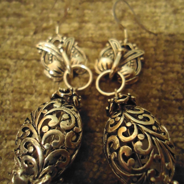 Boho Gypsy One Silvertone Ornate Drop Earrings, Pierced