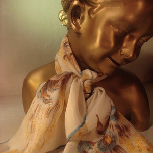 Vintage Pearl 1960s Silk Cream With Blue Floral Design Silk Scarf