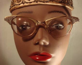 UNAVAILABLE 1950s Gold Colored Frames Eyeglasses with Rhinestones Cat Eyeglasses