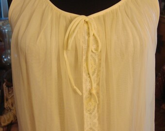 Vintage 1980s Pastel Yellow Blush Sheer Overlay Vintage Maxi Sleeveless Lingerie Night Gown