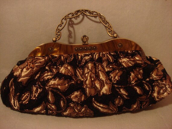Vintage 1970s Boho Black Embroidered In Gold Handb