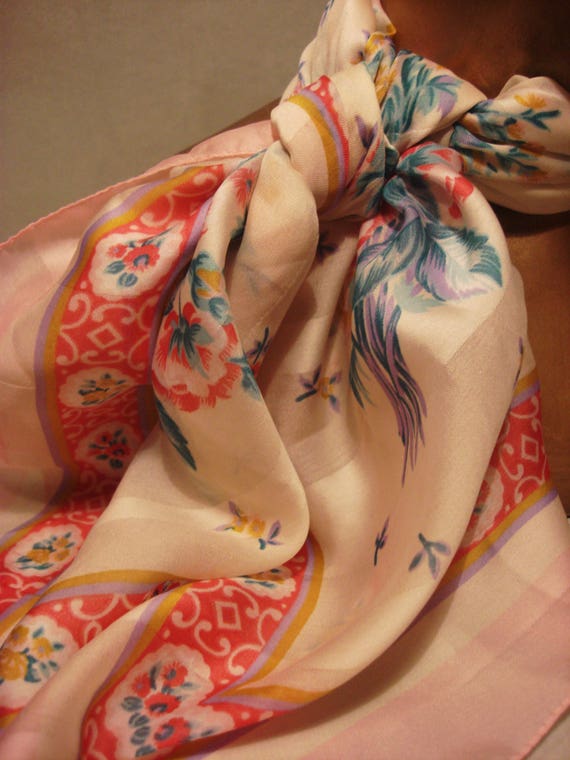 Vintage 1960s Polyester Beige Flowered Scarf - image 2