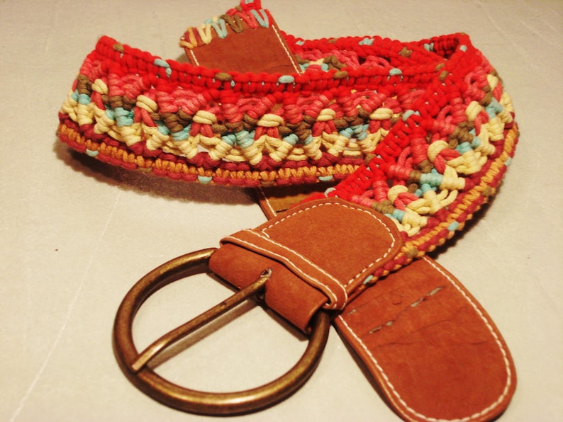 Vintage 1990s Red Boho Crochet Embroidered Woven and Faux Suede Detail Belt