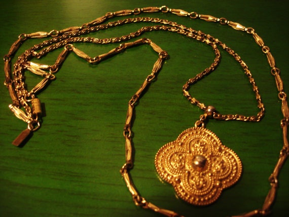 Gold Round Pendant Necklace with Gold Tone Chains - image 1