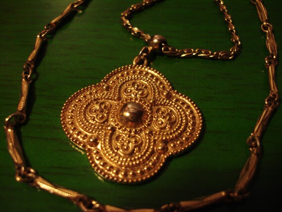 Gold Round Pendant Necklace with Gold Tone Chains - image 2