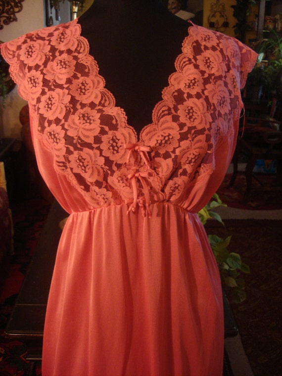 Vintage 1960s Rose Pink Lace Lingerie Maxi Night Gown