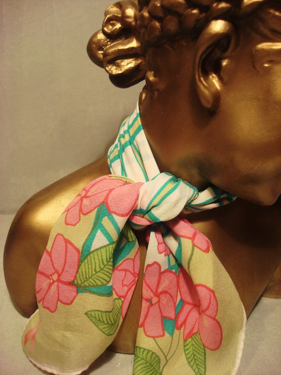 Vintage 1970s Silk Pink Green and Blue Flowered S… - image 1