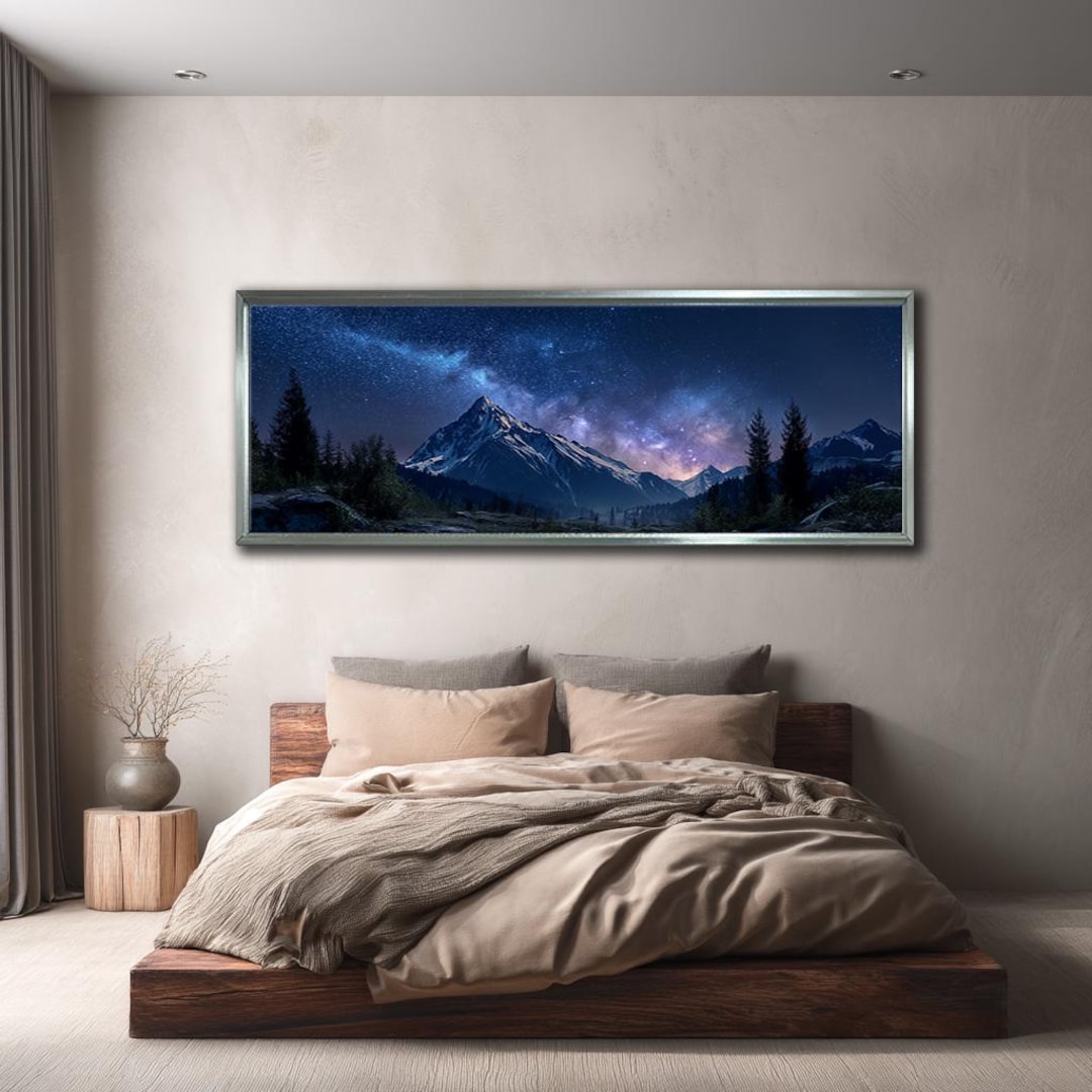 Mountain Night Sky Wall Art, Panoramic Galaxy Landscape Canvas Print ...