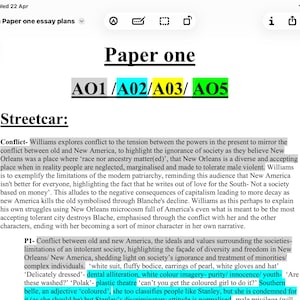 Op de afbeelding: Een digitaal document getiteld "Paper one" met de tekst "Streetcar" en gemarkeerde secties. Het document lijkt een essayplan te zijn, met aantekeningen en gemarkeerde tekst in verschillende kleuren.