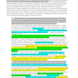 May include: A mobile phone screen displays a document titled "Aamina Paper one essay plans .pdf". The document is about Shakespeare's "Othello", examining themes of disturbing human behaviour, betrayal, and social constructs.