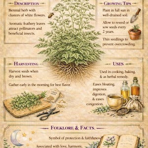 May include: A botanical educational poster titled Caraway Carum carvi featuring a central illustration of the plant with roots, surrounded by text boxes detailing description, growing tips, harvesting, uses, and folklore facts with small icons.