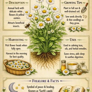 May include: An educational botanical poster titled German Chamomile Matricaria recutita. It features a central illustration of a chamomile plant with white flowers and yellow centers, surrounded by text boxes detailing description, growing tips, harvesting, uses, and folklore facts, plus small illustrations of a basket of flowers, a tea cup, and an open book.