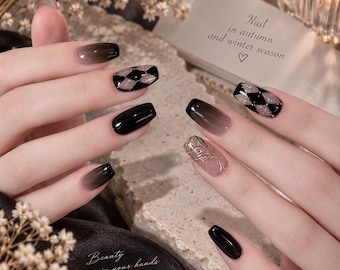 Black Brown Argyle Press-On Nails, Smoky Ombre, Rose Gold Glitter (Handmade)