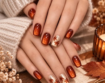 Burnt Orange Cat Eye Press-On Nails, Maple Leaf Square Set (Handmade)