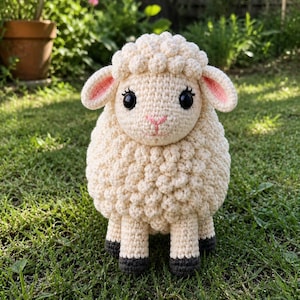 May include: A cream-coloured crochet sheep with black eyes and pink inner ears and nose. The sheep is standing on green grass. The sheep's feet are dark grey. This handcrafted item is a charming example of textile art.