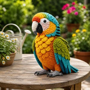May include: A colorful crochet parrot with a vibrant design, featuring orange, yellow, blue, and green hues. The bird is perched on a wooden table, showcasing its detailed craftsmanship. The parrot's beak is black and white, and its feet are gray.