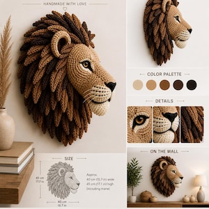 Puede incluir: Adorno de pared con cabeza de león hecha a mano con ganchillo. El león tiene una cara beige y una melena marrón oscuro. Mide aproximadamente 40 cm de ancho y 45 cm de alto (incluida la melena). Hecho de algodón o mezcla de algodón.