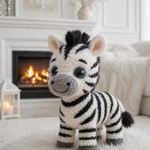 Può includere: Un giocattolo a forma di zebra fatto a mano all'uncinetto, con strisce bianche e nere. La zebra ha una criniera nera, un muso grigio e grandi occhi blu. Il giocattolo è appoggiato su un tappeto bianco e soffice. Lo sfondo include un camino e un caminetto bianco.