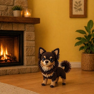 May include: A crocheted Chihuahua dog in brown and beige, with a fluffy tail and detailed features. The dog is positioned on a wooden floor, with a fireplace in the background, creating a warm, inviting scene.