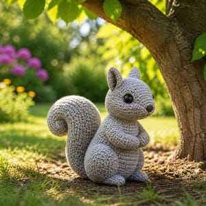 May include: A crocheted gray squirrel figurine with a curled tail, standing on grass near a tree. The squirrel has black eyes and is posed with its paws together. The background includes a garden with flowers.