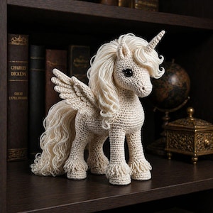 May include: A cream-colored, crocheted unicorn with a long, flowing mane and tail. The unicorn has wings and a spiraled horn. It is standing on a dark brown shelf in front of a collection of antique books and a globe.