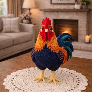 May include: A handmade crochet rooster figurine in vibrant colours. The rooster has a red comb and wattle, an orange and yellow body, blue wings, and yellow feet. It is displayed on a cream crocheted doily on a wooden table.